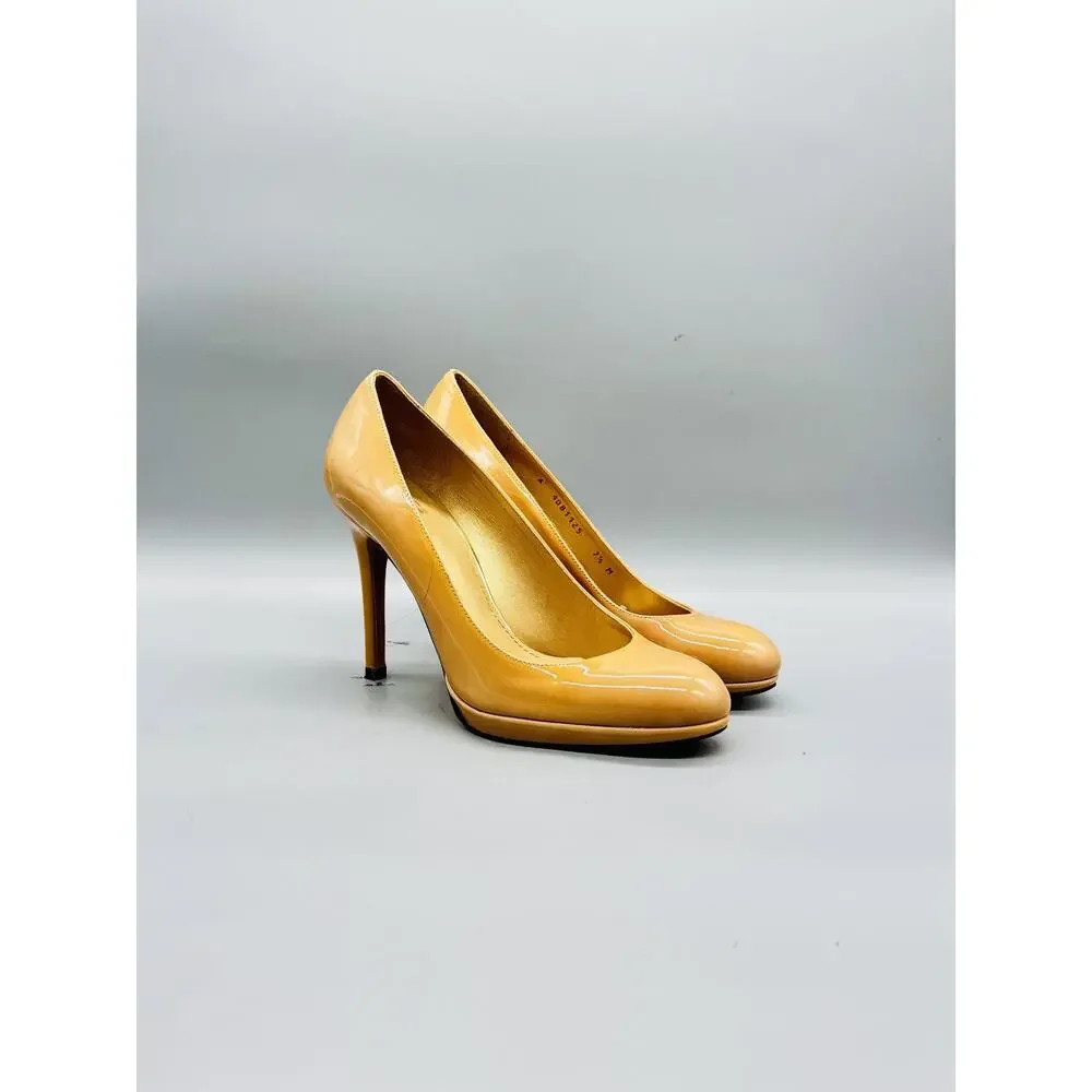 Stuart Weitzman Shoes Womens 7.5 Beige Patent Leather Platform Pumps Round Toe